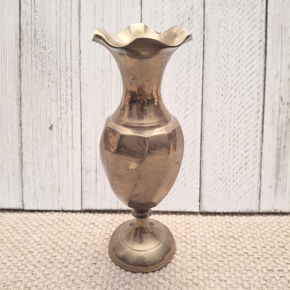 Vintage Brass Bud Vase Fluted Rim Pedestal Base Small Decorative Metal Vase